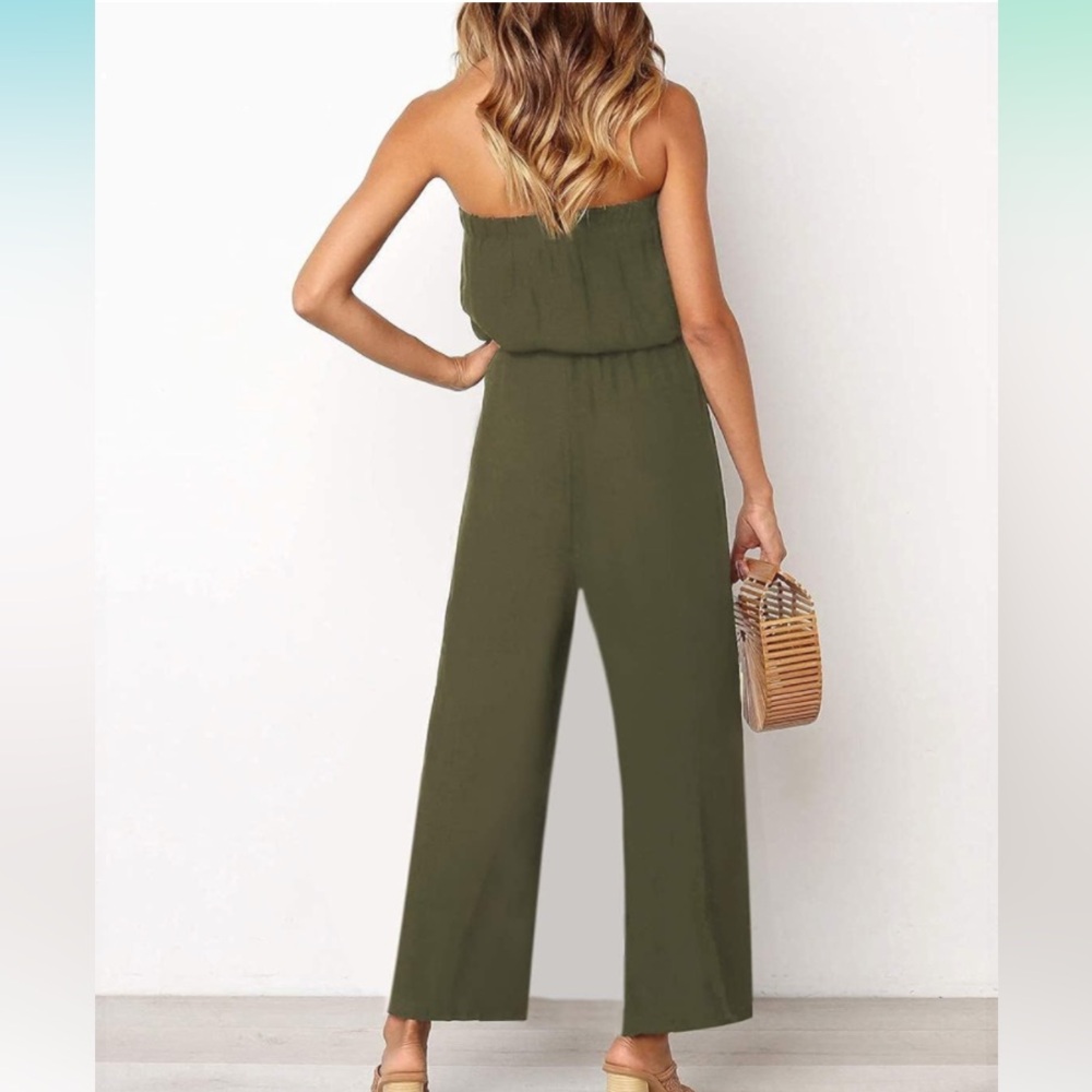 ZESICA Off Shoulder Strapless Belted Wide Leg Jumpsuit - Picture 2 of 4